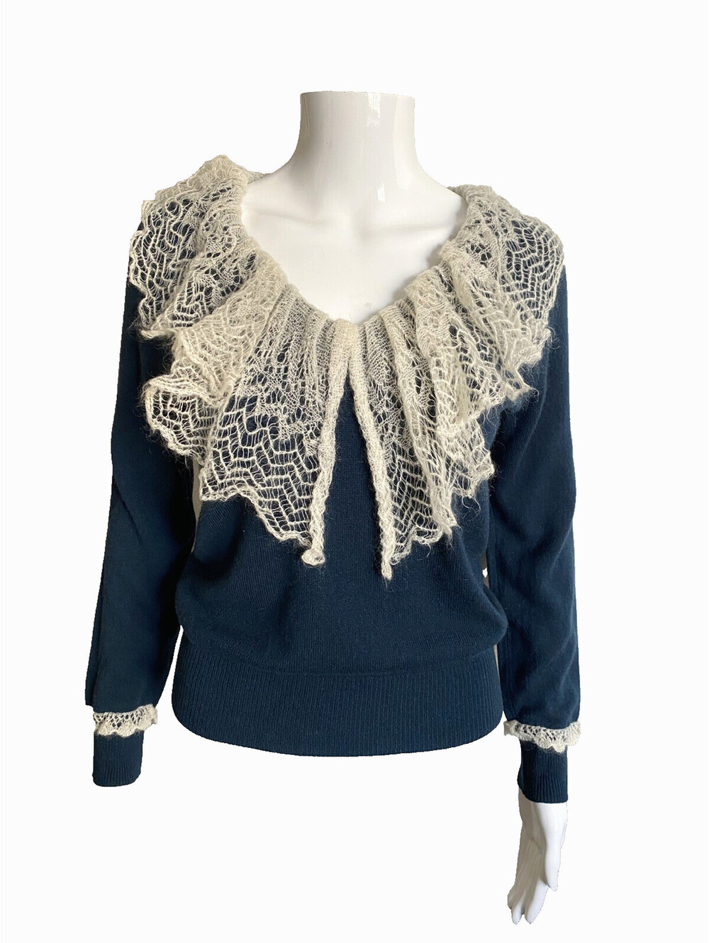 Vintage Louis Vuitton Blue S Small V-neck Cashmere Crochet Sweater Women